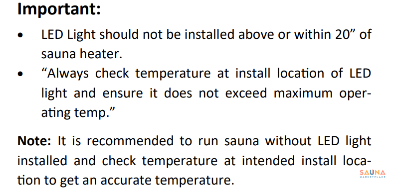 sauna led light placement warning prosaunas